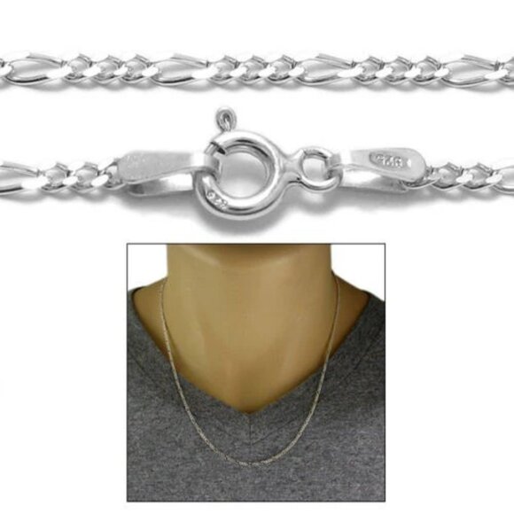 STERLING SILVER FIGARO CHAIN NECKLACE 2MM (GAUGE 050). AVAILABLE IN 5 LENGTHS. - Picture 1 of 3